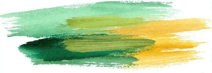 Abstract watercolor strokes in green, yellow, and gold hues. Brushstrokes on white background