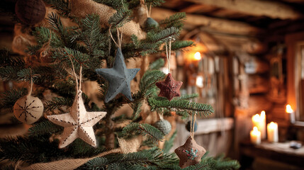 Festive Christmas tree with felt ornaments in rustic countryside cabin, perfect for holiday celebrations and winter cheer