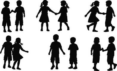 Silhouette children playing together, holding hands, active kids interaction, childhood friendship scenes for vector illustration, playful movements, creative design elements collection set