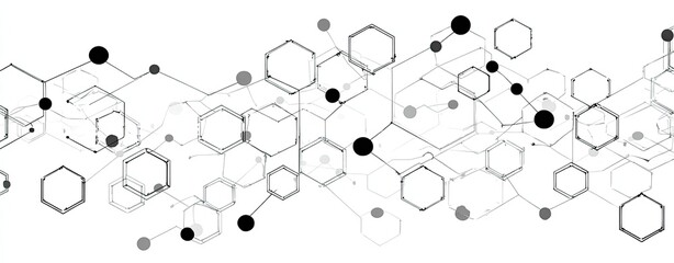Abstract white graphic of hexagonal shapes with connecting lines and dots