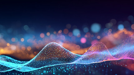 Visualize abstract data flow with luminous nodes and waves, perfect for technology presentations or science visualizations, showcasing modern innovation
