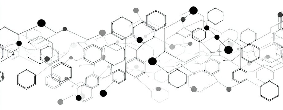Abstract white graphic of hexagonal shapes with connecting lines and dots - Powered by Adobe