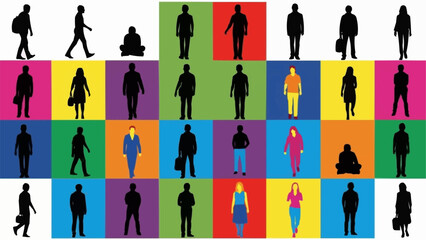 Diverse group of people in silhouette against colorful backgrounds.