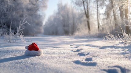 Red and white Christmas hat in snow with footprints nearby. Beautiful winter forest in the background. Christmas and holiday cheer and nature