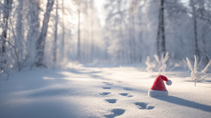 Red and white Christmas hat in snow with footprints nearby. Beautiful winter forest in the background. Christmas and holiday cheer and nature