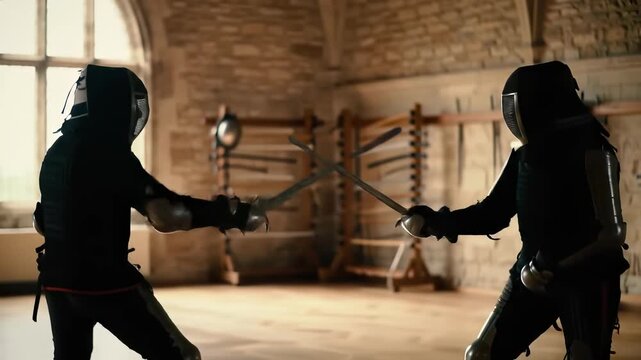 Two armored HEMA fencers sparring with longswords inside a historical stone hall with cinematic backlighting, illustrating martial arts discipline and combat strategy.