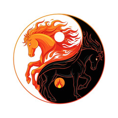 Yin yang symbol with fire and darkness horses. Concept of balance and harmony.