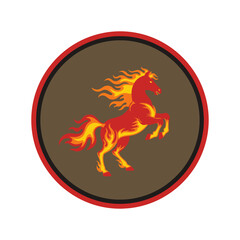 Fiery horse rearing up inside a circle, its mane and tail ablaze with vibrant flames.