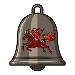 Vector graphic of a silver bell with a fiery horse running across it, isolated on white.