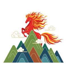 Fiery red horse rearing on mountain peaks with clouds. Symbol of power and freedom.