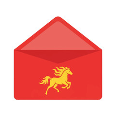 Red envelope with golden horse. Symbolizes speed, delivery services, and correspondence.