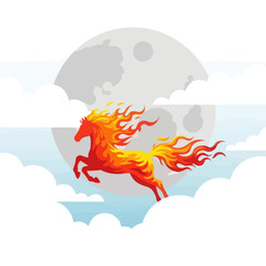 Fiery horse in mid air with flames for mane and tail, moon and clouds in background.