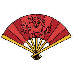 Chinese hand fan with a red horse and flames, representing the year of the horse.