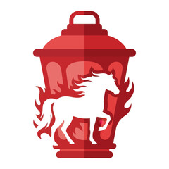 Red lantern with a white horse and flame design, creating a vibrant and symbolic image.