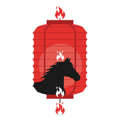 Chinese new year of the horse, red lantern with horse head silhouette and fire.