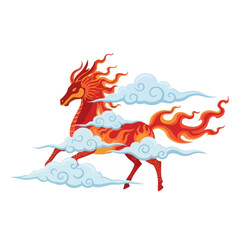 Red fiery horse surrounded by clouds, fantasy animal with flames and stylized clouds.