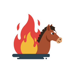 Cartoon brown horse surrounded by fire, standing on a blue surface. Vector illustration.