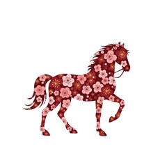 Floral horse silhouette illustration, decorative design with cherry blossom flower pattern.