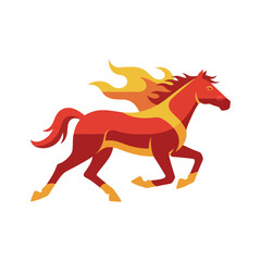 Fiery horse vector illustration with flame mane, tail, and hooves on a white background.