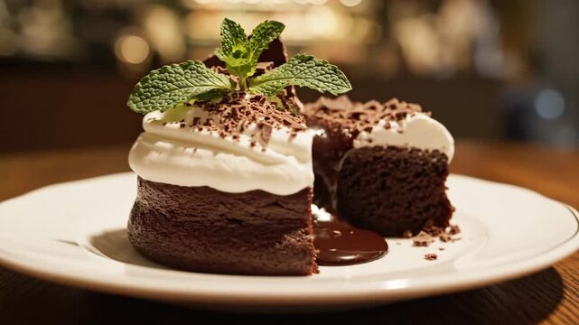 Close up of a delicious chocolate cake on a white plate