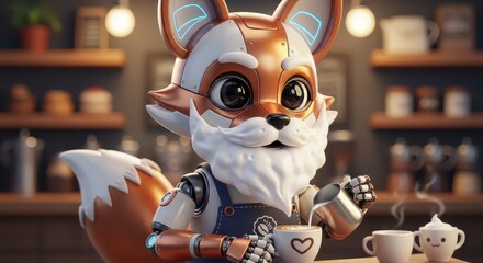 Obraz premium Robotic fox character creates latte art in a warmly lit cafe setting