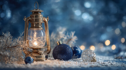 Warm glow of a vintage lantern illuminating a snowy scene with Christmas ornaments, perfect for holiday decorations and festive greetings