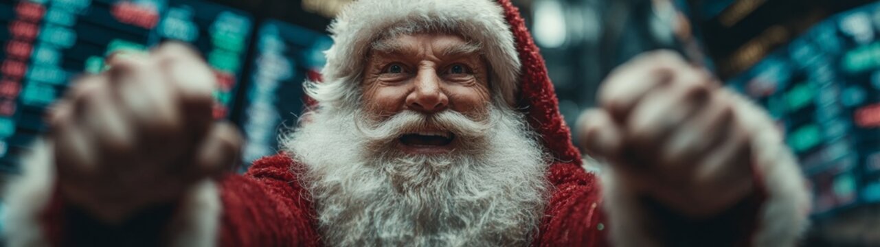 Triumphant santa melds traditional cheer with contemporary crypto trends. Blockbuster art. Dynamic santa, high-tech monitors, and a heartfelt christmas wish. Movie artwork.
