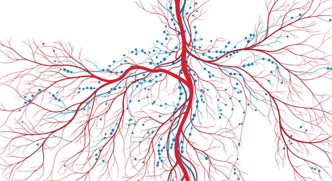 Abstract medical background showing the human circulatory and lymphatic systems with branching arteries, veins, and lymph nodes.