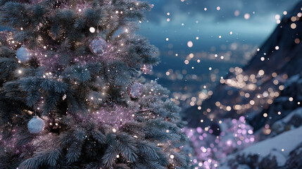 A breathtaking Christmas and holiday scene, featuring a beautifully adorned festive tree with sparkling blue and gold ornaments set against a luminous, dreamy bokeh background