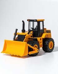 Fototapeta premium Yellow toy front loader construction vehicle on white