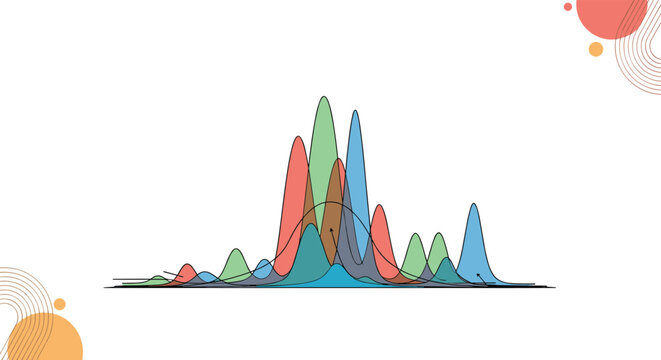 Colorful data visualization graph with multiple overlapping distribution curves, representing complex statistical analysis and scientific data.