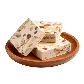 Delicious almond nougat treats on wooden plate isolated on transparent background