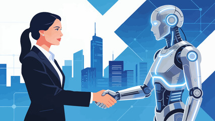 This illustration shows a business professional shaking hands with a humanoid robot in an office, symbolizing collaboration between humans and AI, the integration of technology in the modern workplace