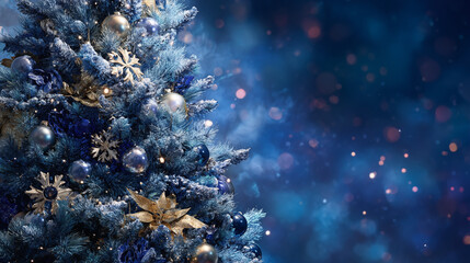 A breathtaking Christmas and holiday scene, featuring a beautifully adorned festive tree with sparkling blue and gold ornaments set against a luminous, dreamy bokeh background