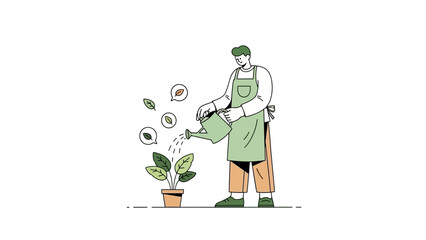 An illustration of a man watering a plant in a pot with a watering can for lifestyle