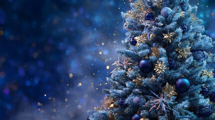 A breathtaking Christmas and holiday scene, featuring a beautifully adorned festive tree with sparkling blue and gold ornaments set against a luminous, dreamy bokeh background