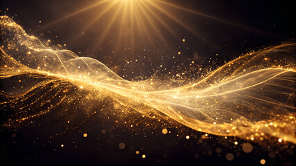 Abstract Golden Energy Explosion with Radiant Light, Waving Cosmic Gold: A Stream of Pure Energy, Radiant Horizon: Golden Particle Flow on Dark Background, The River of Golden Light