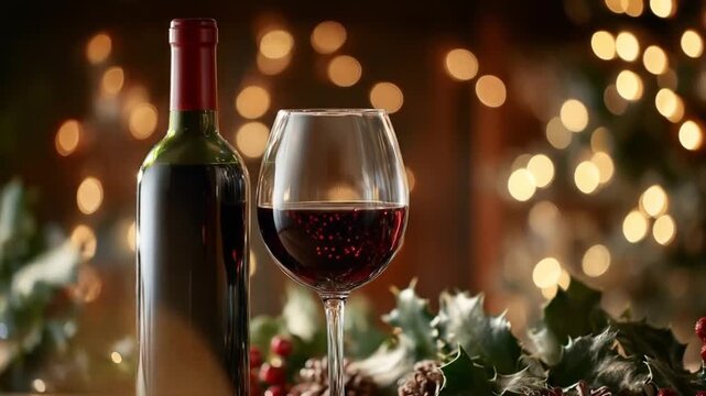 A holiday table displays a bottle, a red-wine glass, and pine greenery beneath warm, glowing lights!