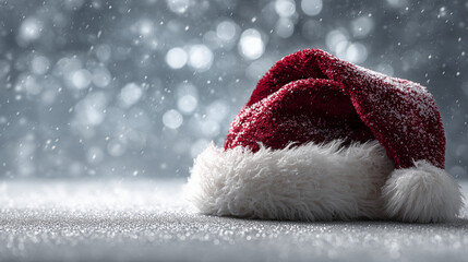 Christmas Santa's Hat in Winter: A cozy Santa's hat rests gently, surrounded by a magical snowfall, inviting warmth and festive cheer. 