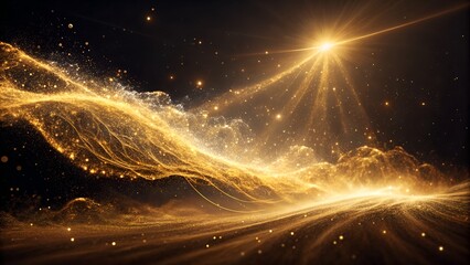 Abstract Golden Energy Explosion with Radiant Light, Waving Cosmic Gold: A Stream of Pure Energy, Radiant Horizon: Golden Particle Flow on Dark Background, The River of Golden Light