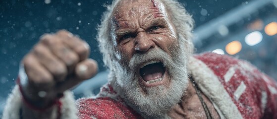 Festive sparks: santa in overalls brings cheer to electrical realms. Thriller poster. Vibrant santa claus with electrical elements in a dazzling christmas display. Adventure poster.