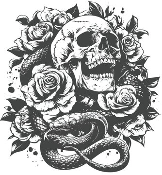 Memento Mori and Eternal Beauty: An artistic grayscale illustration, where a skull embraces a serpent, and blooming roses intertwine, depicting themes of mortality and everlasting elegance.