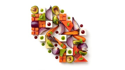Fototapeta premium Artistic Arrangement of Fresh Chopped Vegetables and Cubes of Cheese.