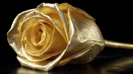 Golden rose blossom rests against a dark background with shimmering highlights