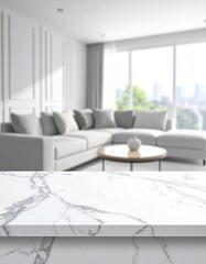 Marble surface before blurred living room, sofa, and window