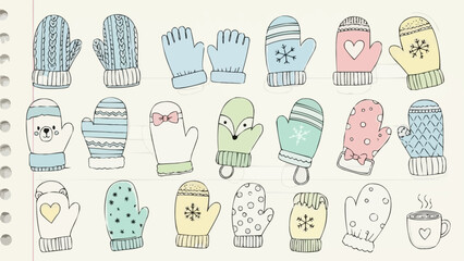 Collection of Cute Hand Drawn Winter Mittens and Gloves.