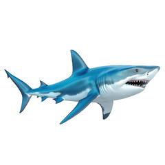 Obraz premium A realistic 3D rendering of a great white shark swimming gracefully through the ocean. its powerful physique and sharp teeth. with a clear blue background enhancing its vivid colors