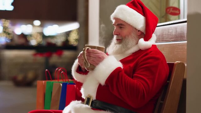 Santa Claus taking a break after a long day of shopping. Perfect for relaxation themes, wellness brands, and holiday downtime concepts.