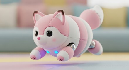 Obraz premium Adorable robotic fox companion glows with soft blue light while running indoors