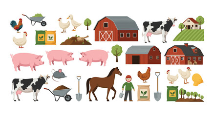 Fototapeta premium A large collection of cartoon farm elements, including various animals like cows and pigs, barns, a farmer, and equipment.